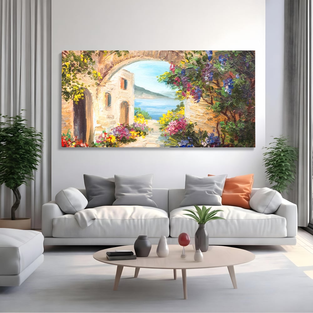 Tablou canvas cu pictura in ulei cu arcada de piatra si mare, fara rama, pe sasiu de lemn, pe perete intr-un living